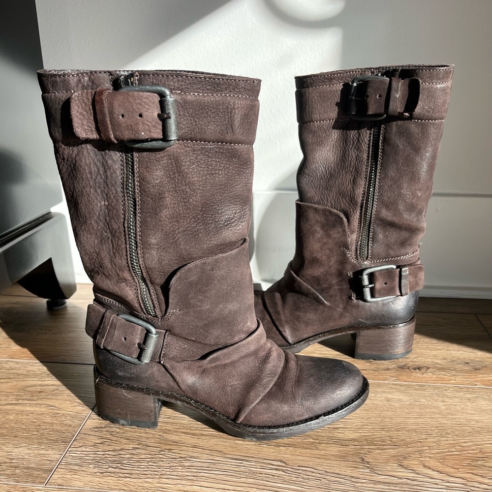 Vera Wang Lavender Kipp Brown Leather Harness Moto Boot